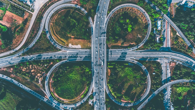 Aerial view of a cloverleaf motorway interchange