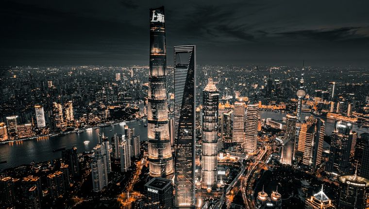 Aerial view of the Lujiazui financial district in Shanghai at night